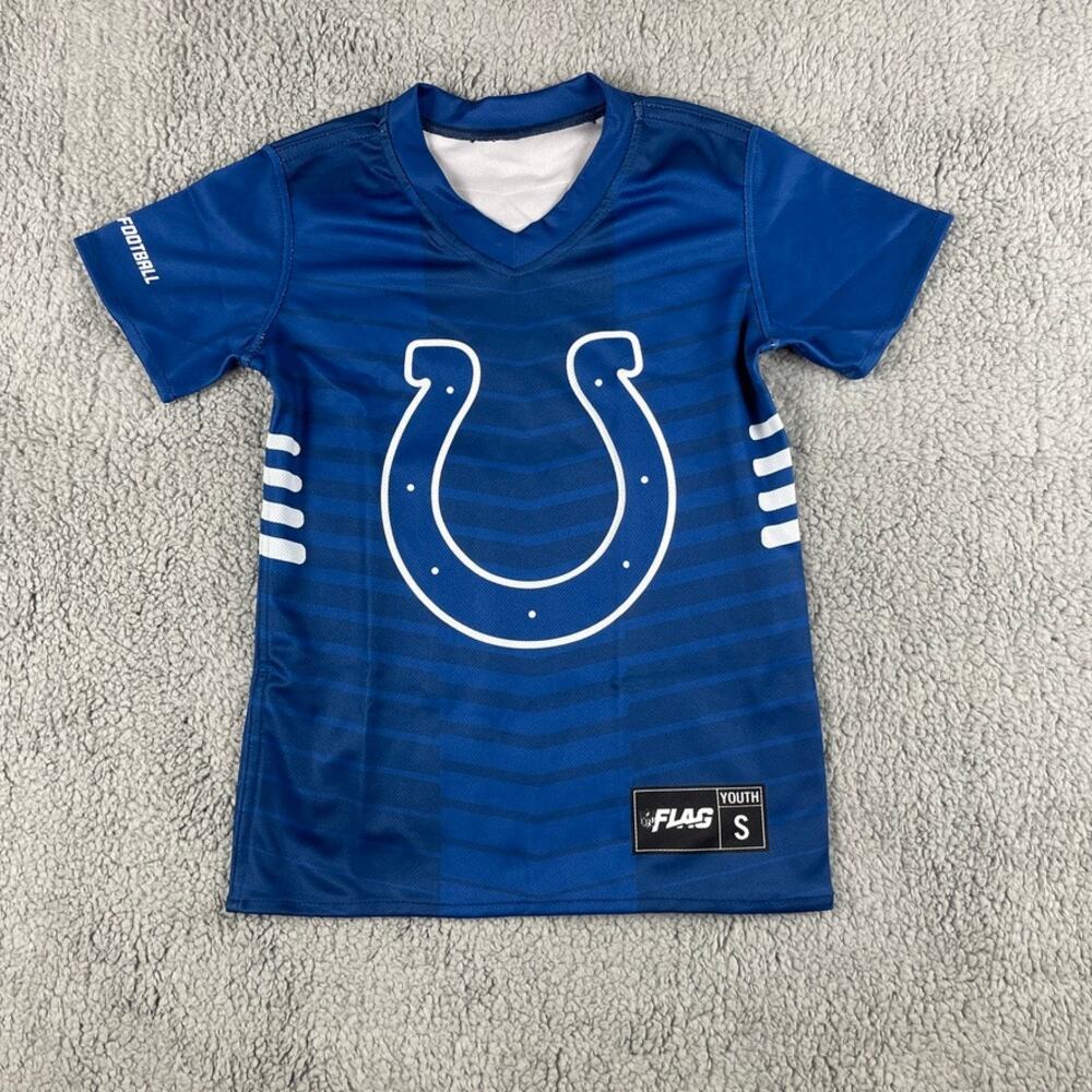 NFL Flag Boy's Small Blue White Polyester Spandex Short Sleeve Football Jersey